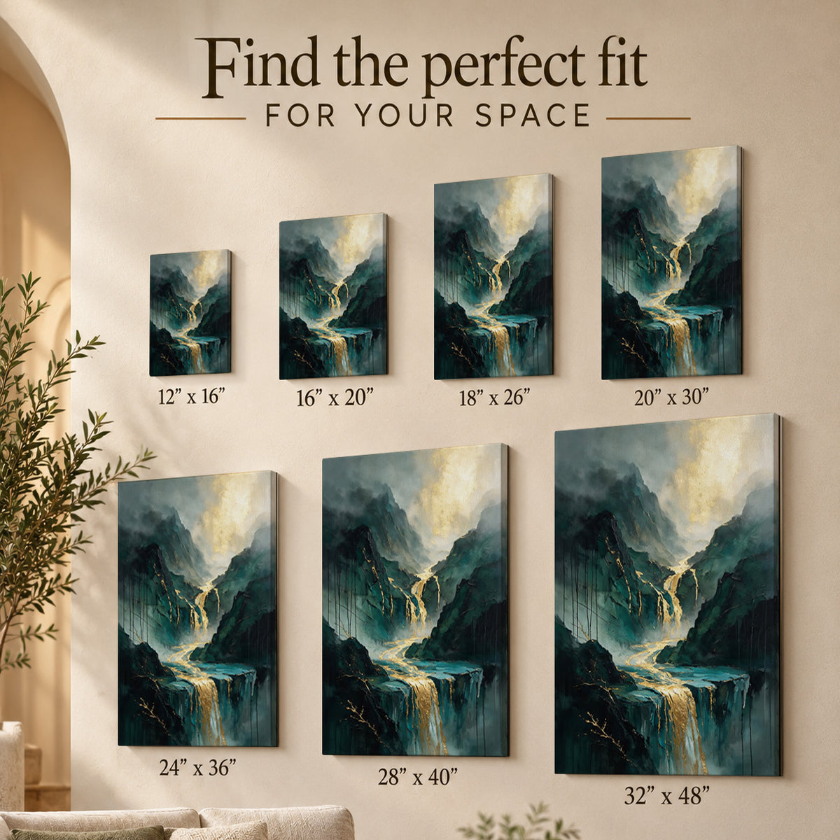 Golden Cascades – Emerald Mountain Waterfall Art