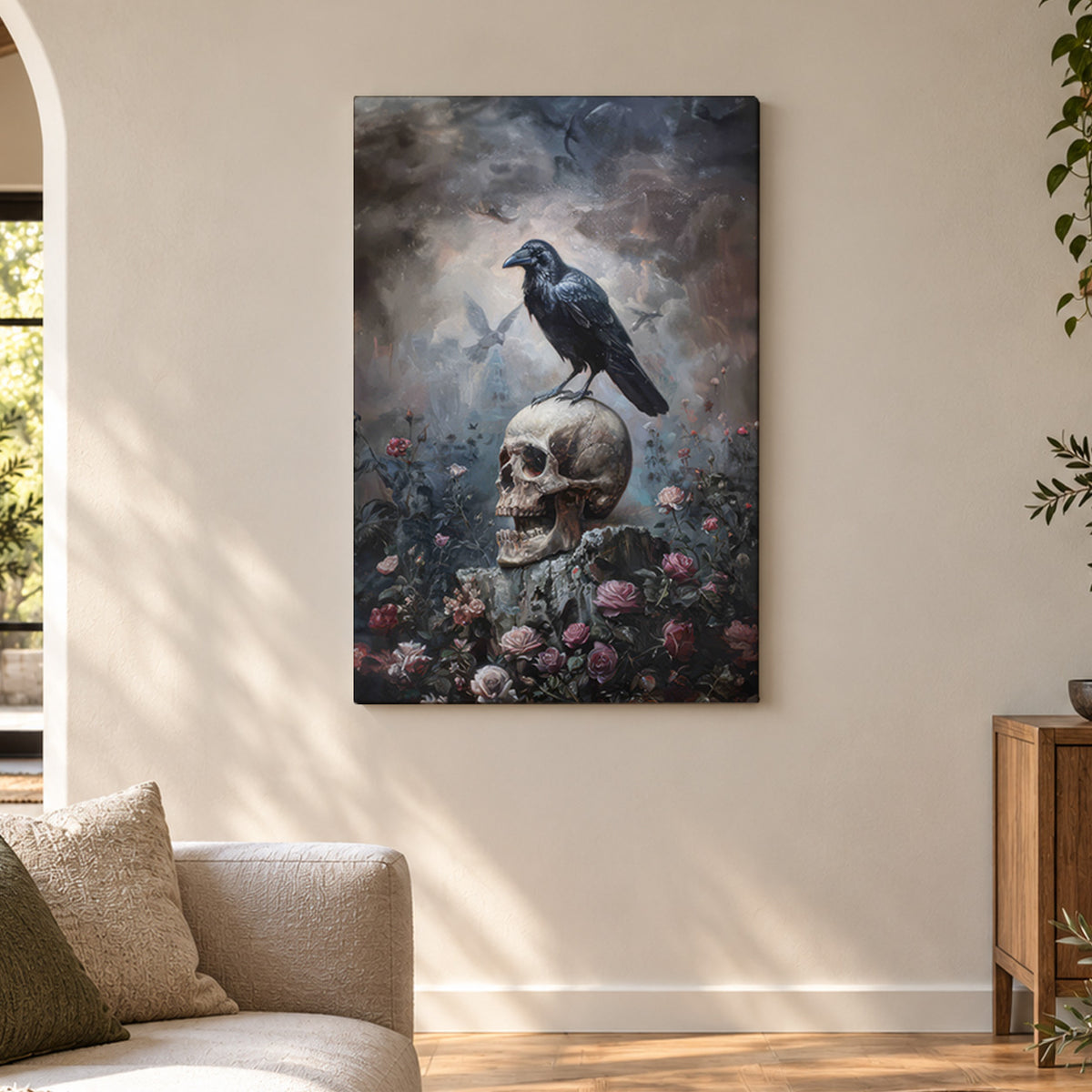 Raven & Roses – Gothic Skull Canvas Wall Art
