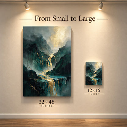 Golden Cascades – Emerald Mountain Waterfall Art