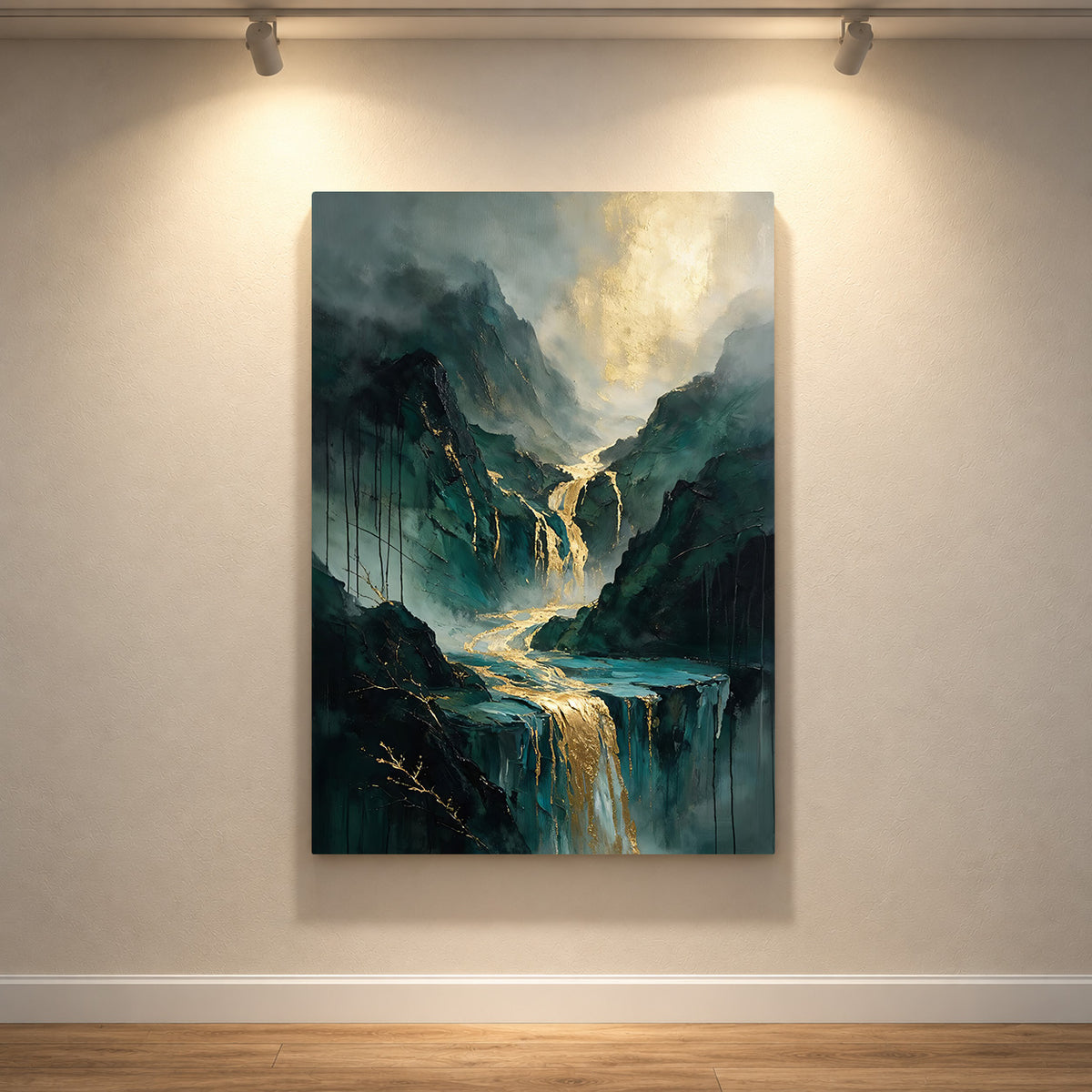 Golden Cascades – Emerald Mountain Waterfall Art