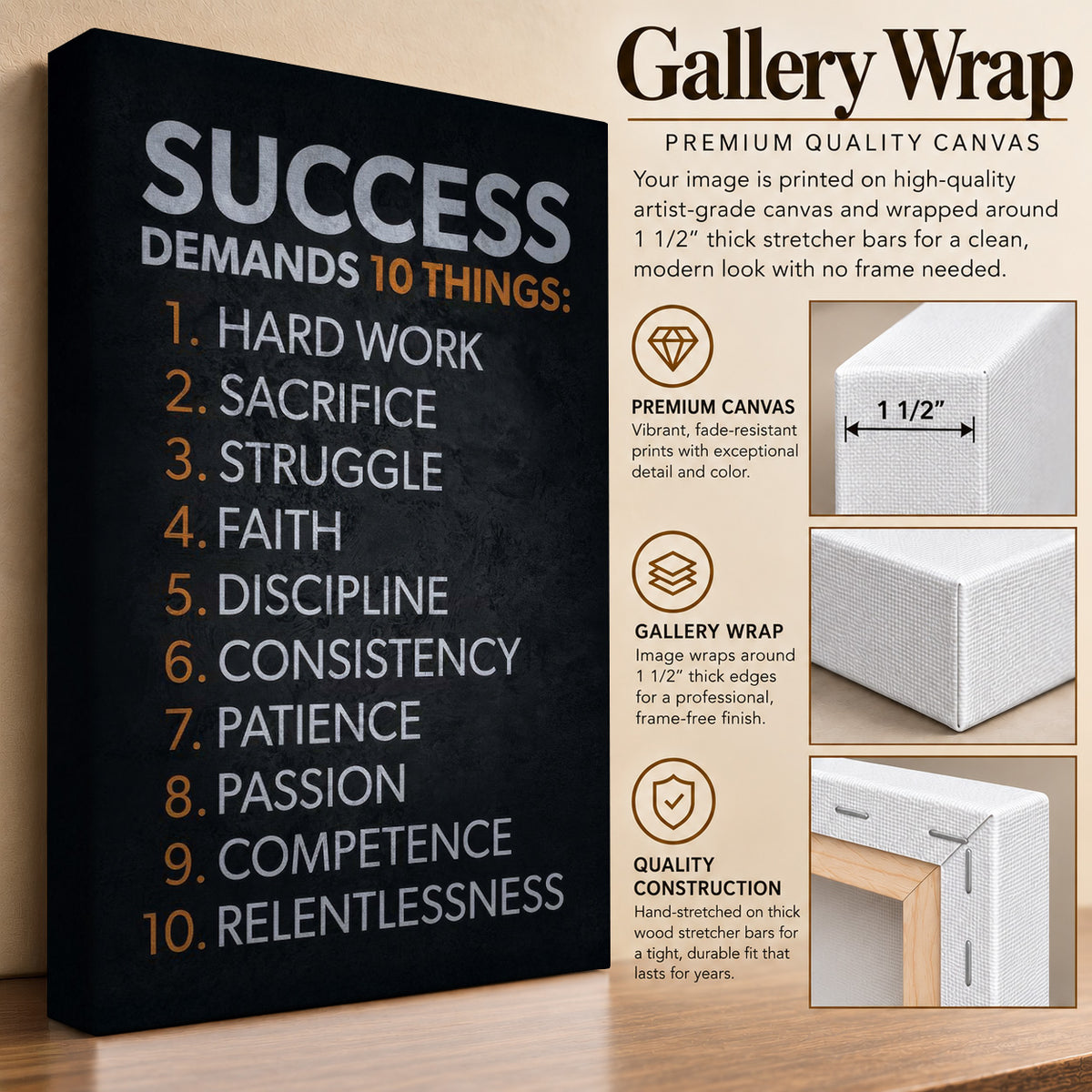 Success Demands 10 Things – Motivational Canvas Wall Art