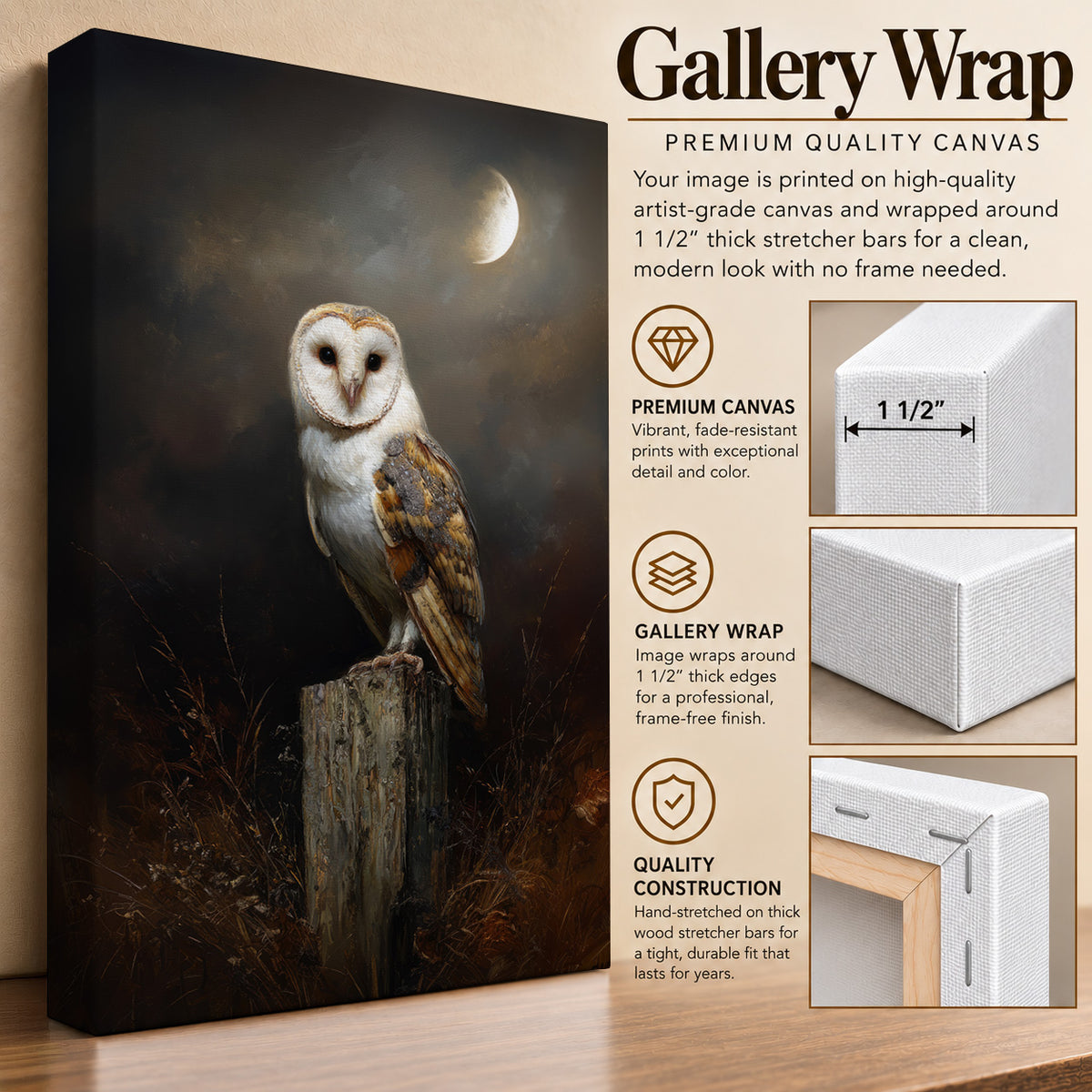 Moonlit Watch – Barn Owl Canvas Wall Art