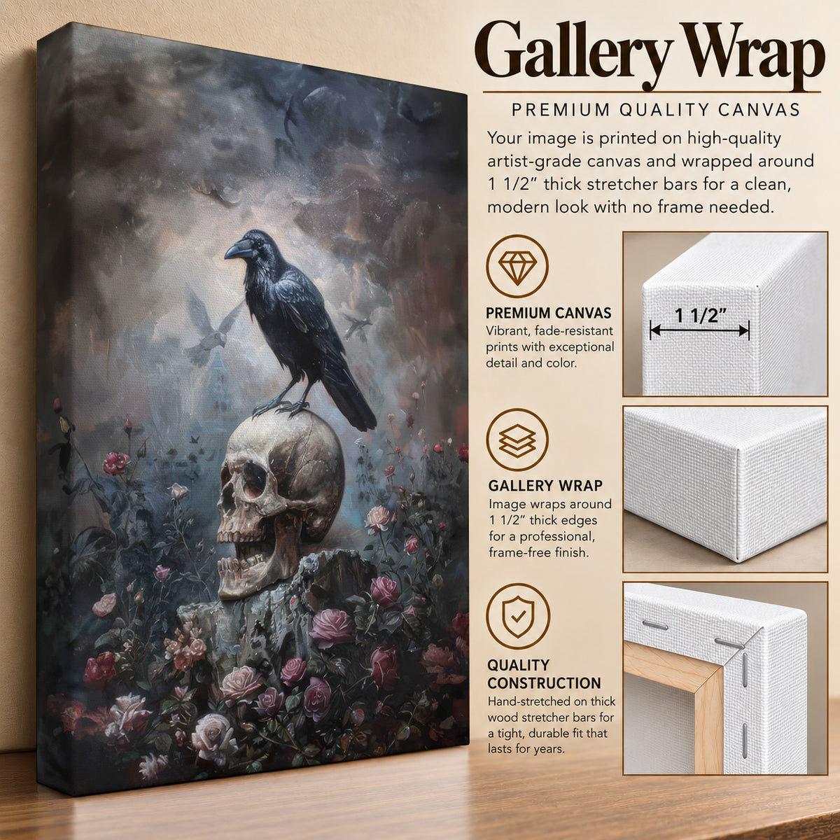 Raven & Roses – Gothic Skull Canvas Wall Art