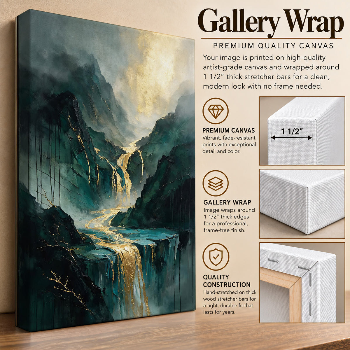 Golden Cascades – Emerald Mountain Waterfall Art
