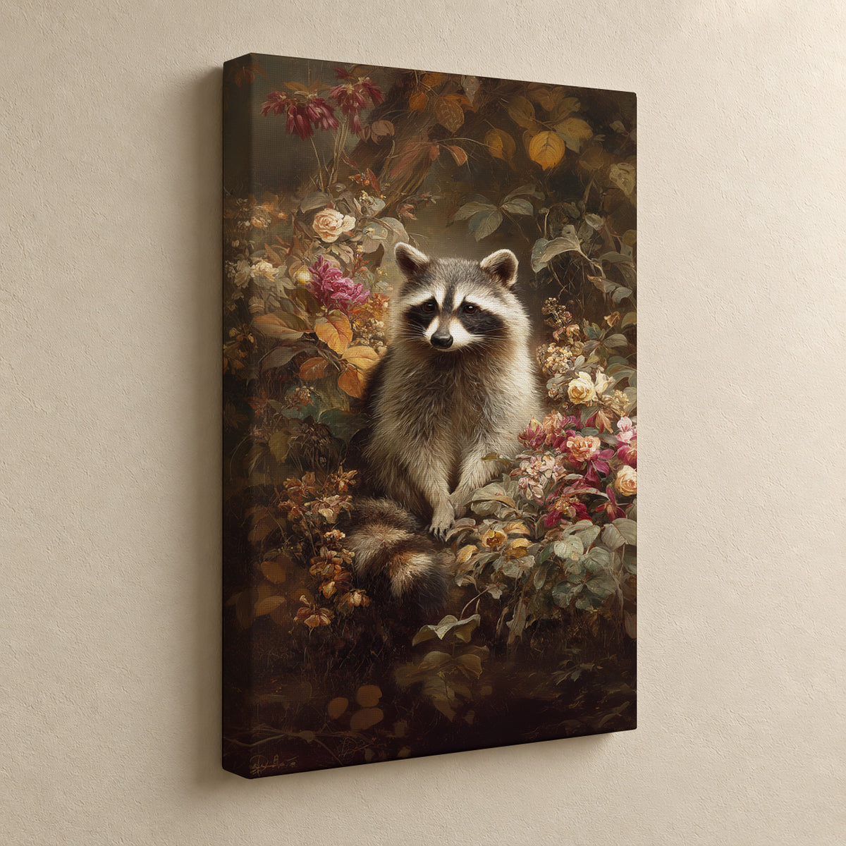 Woodland Visitor – Raccoon & Wildflowers Canvas Print