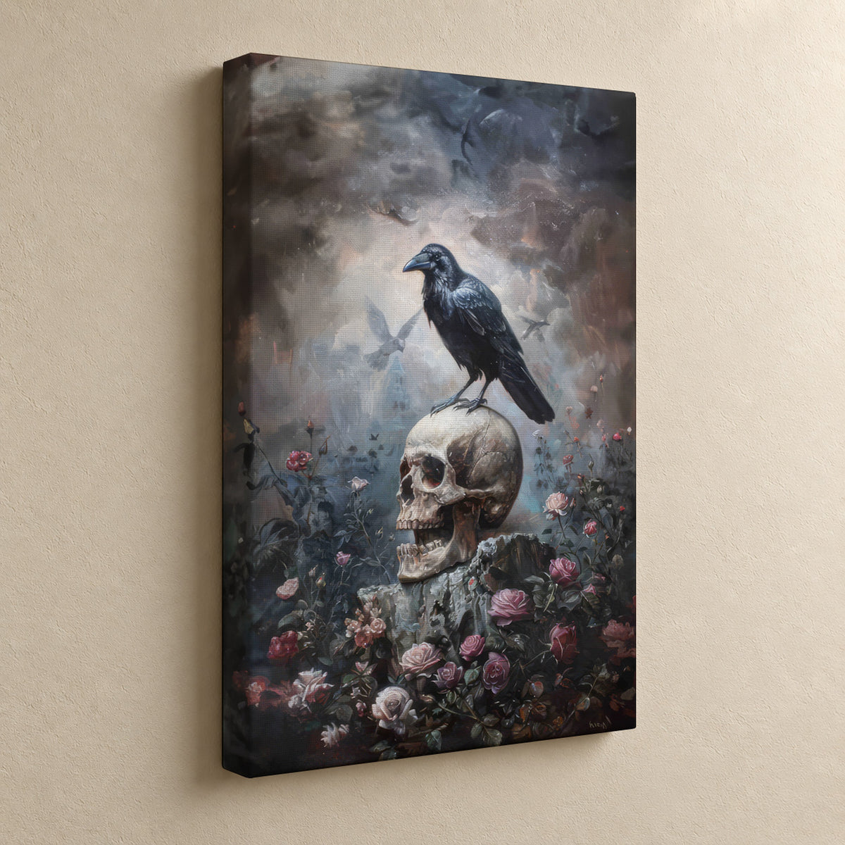 Raven & Roses – Gothic Skull Canvas Wall Art