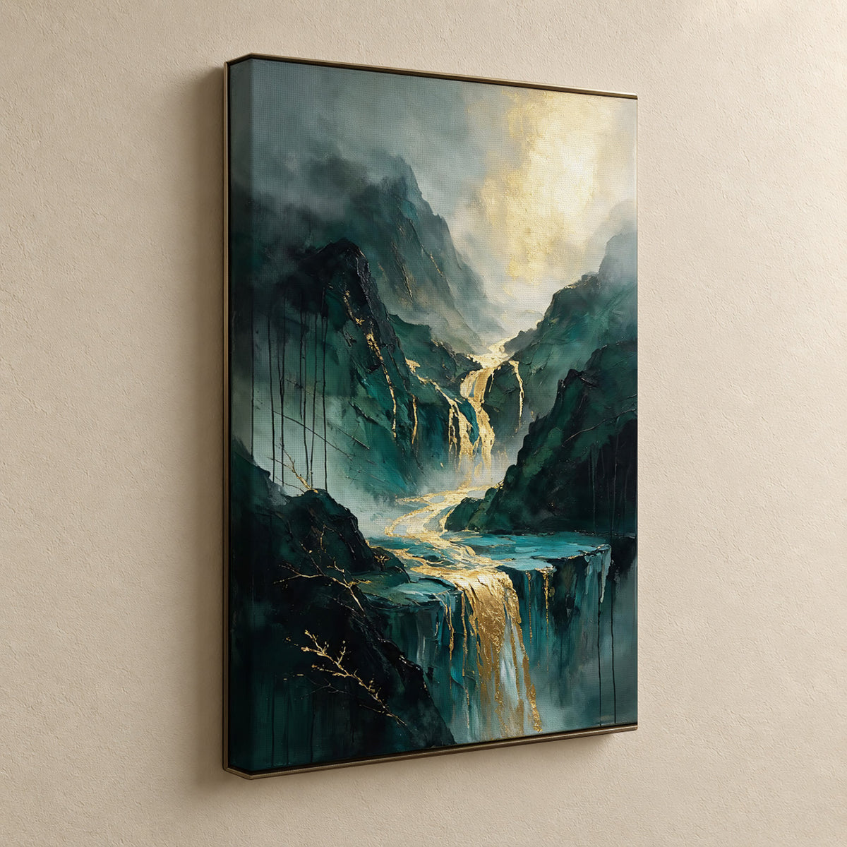 Golden Cascades – Emerald Mountain Waterfall Art